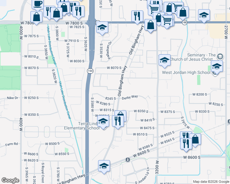 map of restaurants, bars, coffee shops, grocery stores, and more near 3463 8200 South in West Jordan
