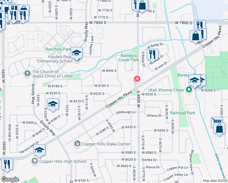 map of restaurants, bars, coffee shops, grocery stores, and more near 4903 South Copper Canyon Way in West Jordan