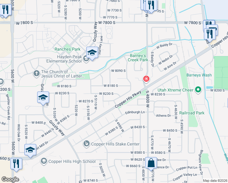map of restaurants, bars, coffee shops, grocery stores, and more near 4982 Copper Meadow Lane in West Jordan