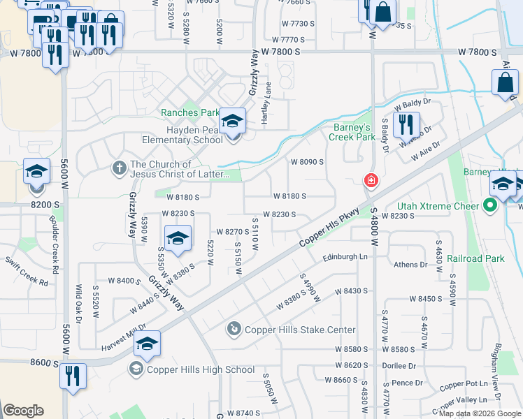 map of restaurants, bars, coffee shops, grocery stores, and more near 5104 West 8230 South in West Jordan