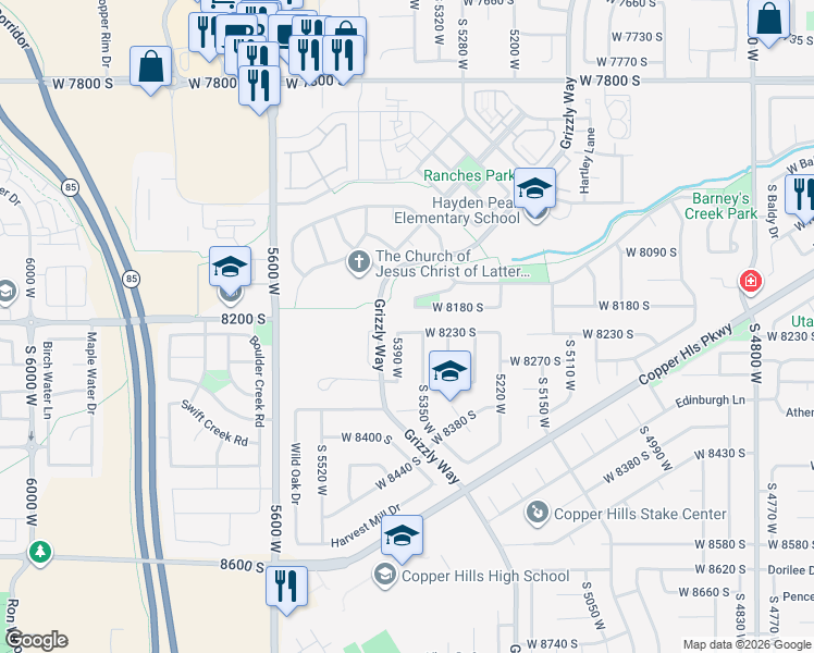 map of restaurants, bars, coffee shops, grocery stores, and more near 5376 West 8230 South in West Jordan
