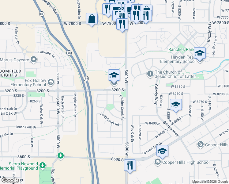 map of restaurants, bars, coffee shops, grocery stores, and more near 5664 Boulder Creek Road in West Jordan