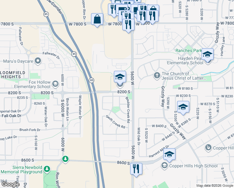 map of restaurants, bars, coffee shops, grocery stores, and more near 5664 Boulder Creek Road in West Jordan