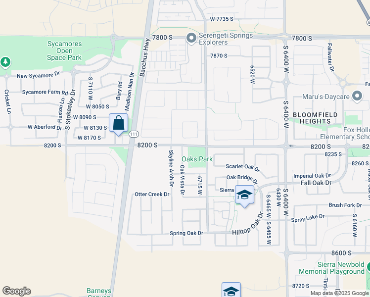 map of restaurants, bars, coffee shops, grocery stores, and more near 6700 8200 South in West Jordan