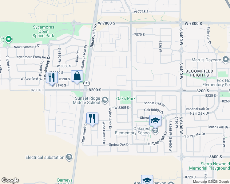 map of restaurants, bars, coffee shops, grocery stores, and more near 8217 Skyline Arch Drive in West Jordan