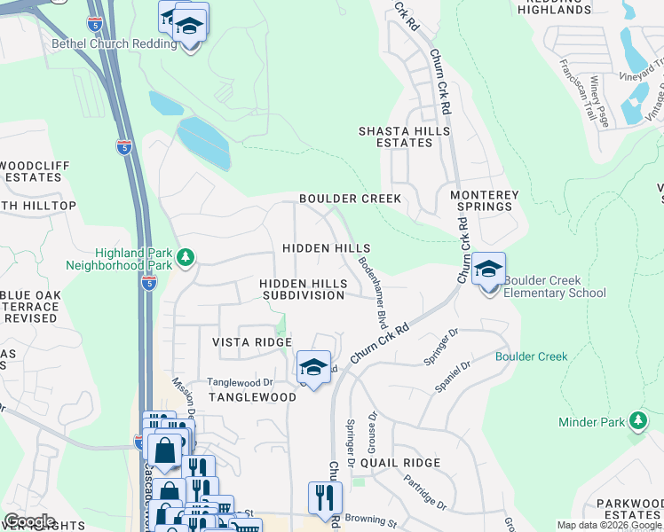 map of restaurants, bars, coffee shops, grocery stores, and more near 1025 Edgewater Court in Redding