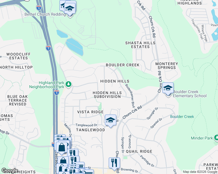 map of restaurants, bars, coffee shops, grocery stores, and more near 1025 Edgewater Court in Redding