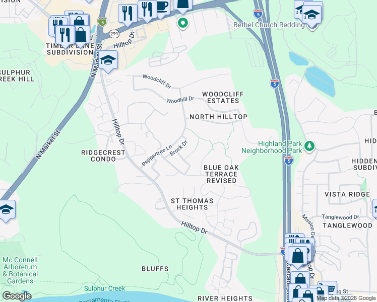 map of restaurants, bars, coffee shops, grocery stores, and more near 537 Shoemaker Court in Redding