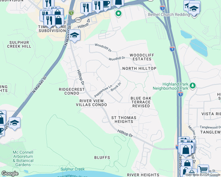 map of restaurants, bars, coffee shops, grocery stores, and more near 422 Shell Drive in Redding
