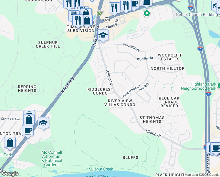 map of restaurants, bars, coffee shops, grocery stores, and more near 410 Ridgecrest Trail in Redding