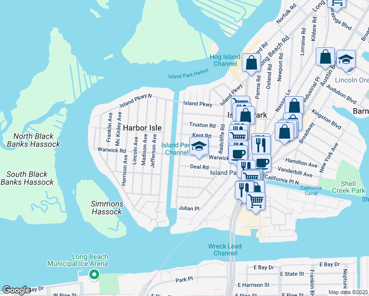 map of restaurants, bars, coffee shops, grocery stores, and more near 13 Hastings Road in Island Park