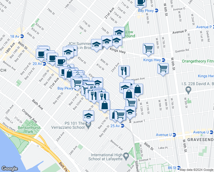map of restaurants, bars, coffee shops, grocery stores, and more near 2321 83rd Street in Brooklyn