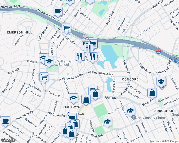 map of restaurants, bars, coffee shops, grocery stores, and more near 841 West Fingerboard Road in Staten Island