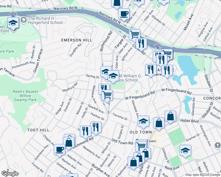 map of restaurants, bars, coffee shops, grocery stores, and more near 1069 Targee Street in Staten Island
