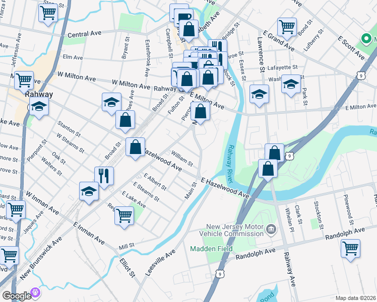 map of restaurants, bars, coffee shops, grocery stores, and more near 270 Adams Street in Rahway