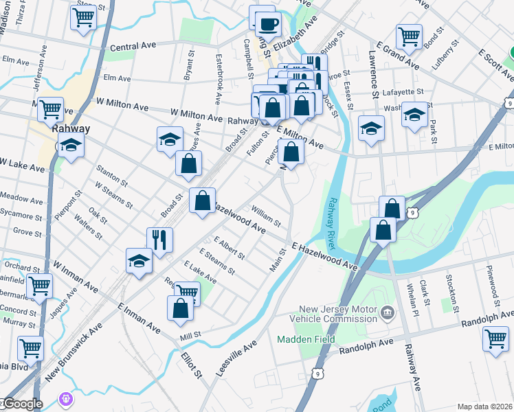map of restaurants, bars, coffee shops, grocery stores, and more near 202 William Street in Rahway