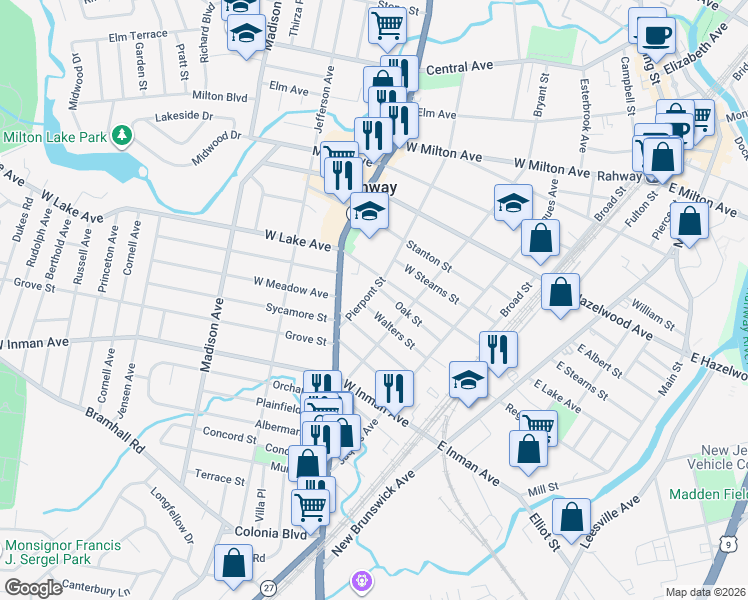 map of restaurants, bars, coffee shops, grocery stores, and more near 705 Pierpont Street in Rahway