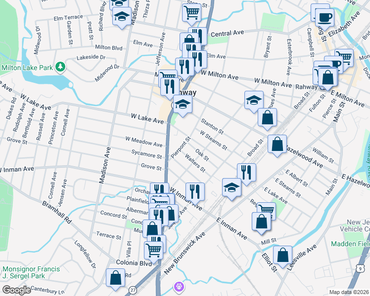 map of restaurants, bars, coffee shops, grocery stores, and more near 705 Pierpont Street in Rahway