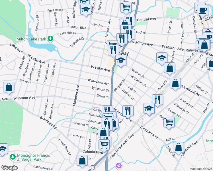 map of restaurants, bars, coffee shops, grocery stores, and more near 372 West Meadow Avenue in Rahway