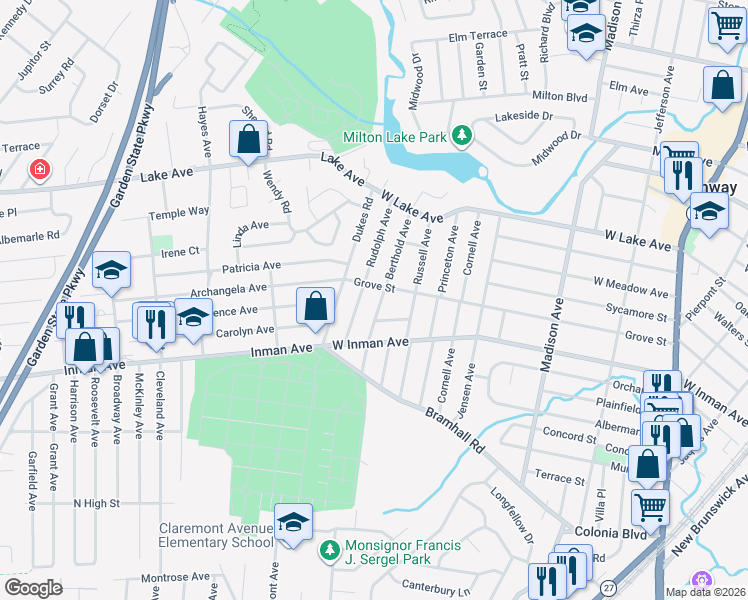 map of restaurants, bars, coffee shops, grocery stores, and more near 199 Berthold Avenue in Rahway