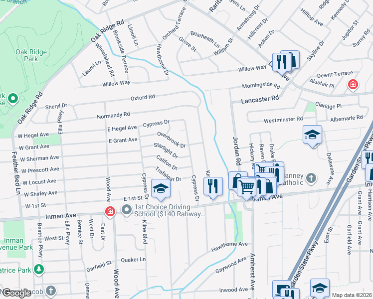 map of restaurants, bars, coffee shops, grocery stores, and more near 15 Overbrook Drive in Woodbridge Township