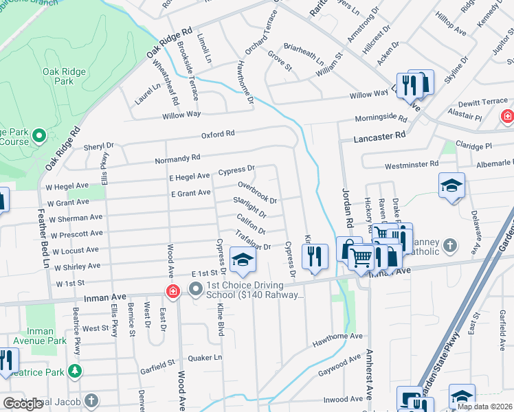 map of restaurants, bars, coffee shops, grocery stores, and more near 15 Overbrook Drive in Woodbridge Township