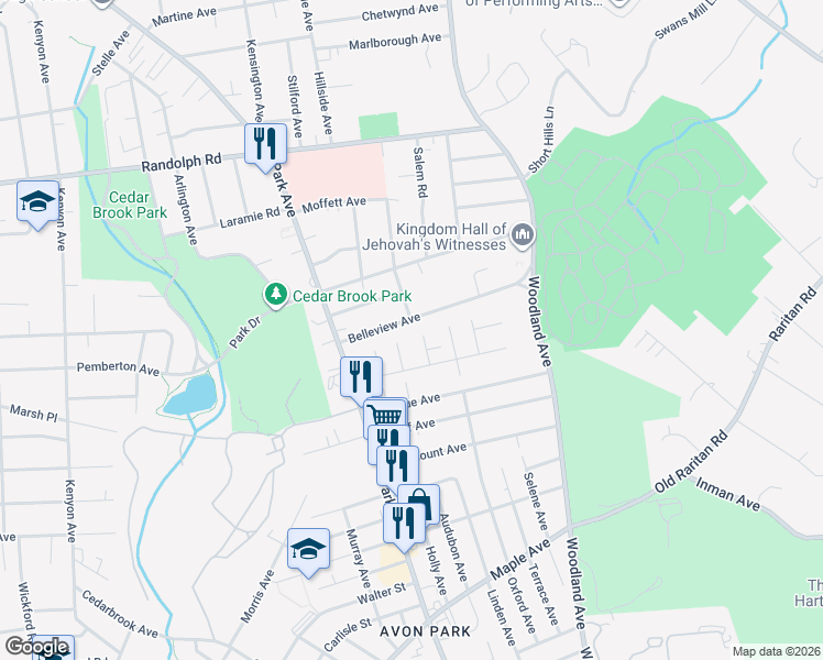map of restaurants, bars, coffee shops, grocery stores, and more near 1360 Belleview Avenue in Plainfield