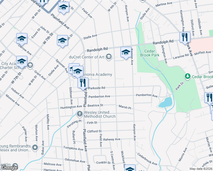 map of restaurants, bars, coffee shops, grocery stores, and more near 430 Parkside Road in Plainfield