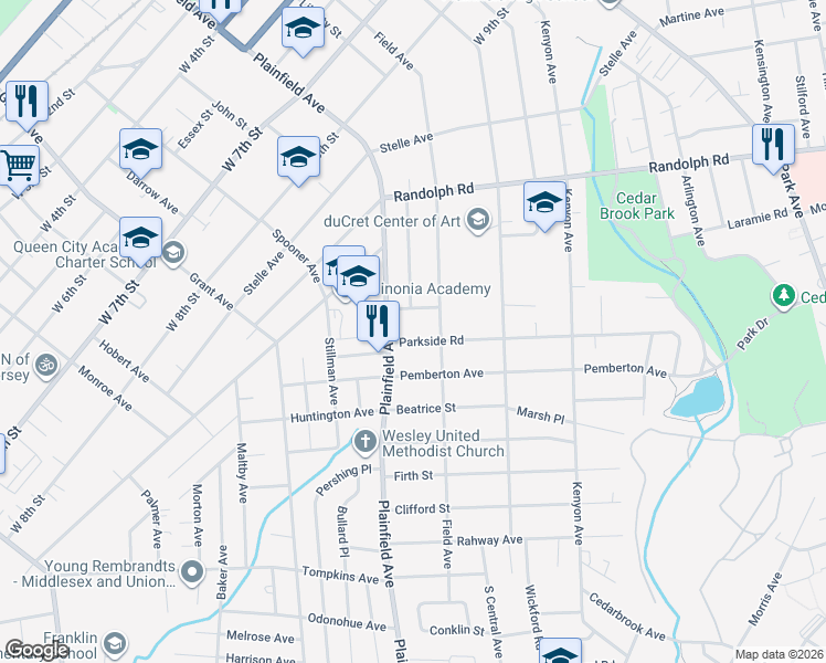 map of restaurants, bars, coffee shops, grocery stores, and more near 512 Parkside Road in Plainfield