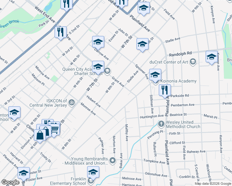 map of restaurants, bars, coffee shops, grocery stores, and more near 833-39 West 8th Street in Plainfield
