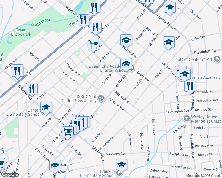 map of restaurants, bars, coffee shops, grocery stores, and more near 958-62 West 7th Street in Plainfield