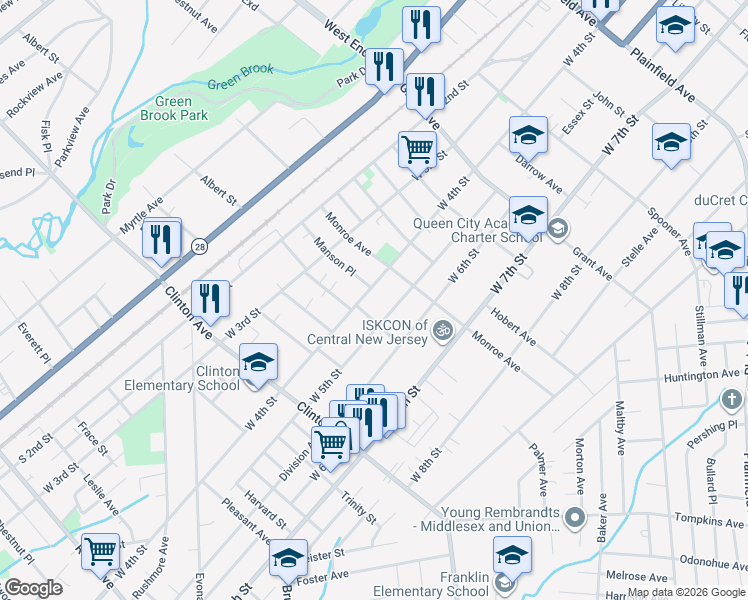 map of restaurants, bars, coffee shops, grocery stores, and more near 1041 West 4th Street in Plainfield