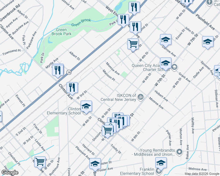 map of restaurants, bars, coffee shops, grocery stores, and more near 330-32 McDowell Street in Plainfield