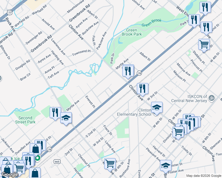 map of restaurants, bars, coffee shops, grocery stores, and more near 1340 West Front Street in Plainfield