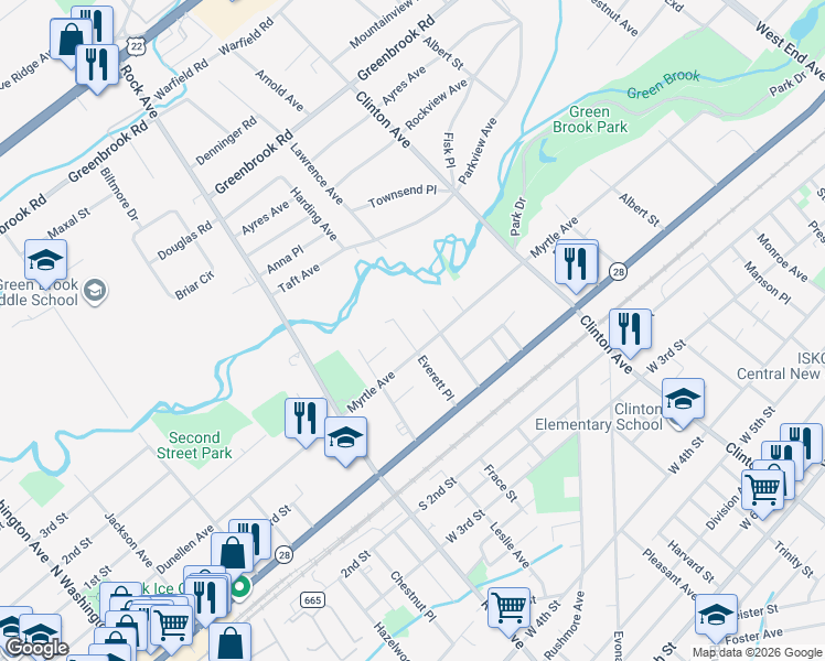 map of restaurants, bars, coffee shops, grocery stores, and more near 60 Everett Place in Plainfield