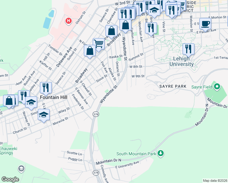 map of restaurants, bars, coffee shops, grocery stores, and more near 965 Wyandotte Street in Bethlehem