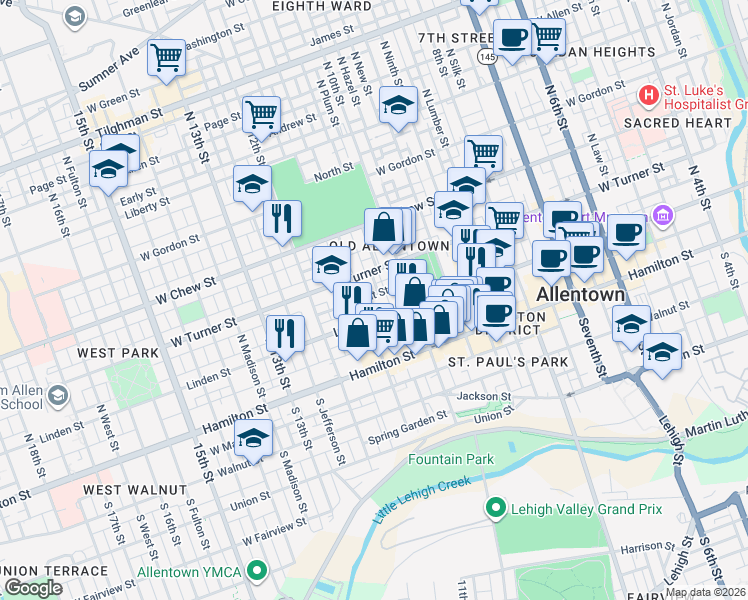 map of restaurants, bars, coffee shops, grocery stores, and more near in Allentown
