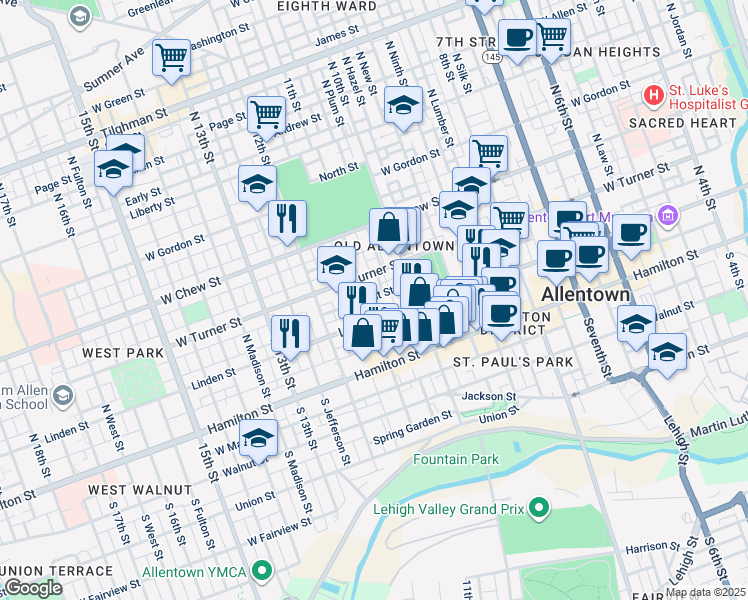 map of restaurants, bars, coffee shops, grocery stores, and more near in Allentown