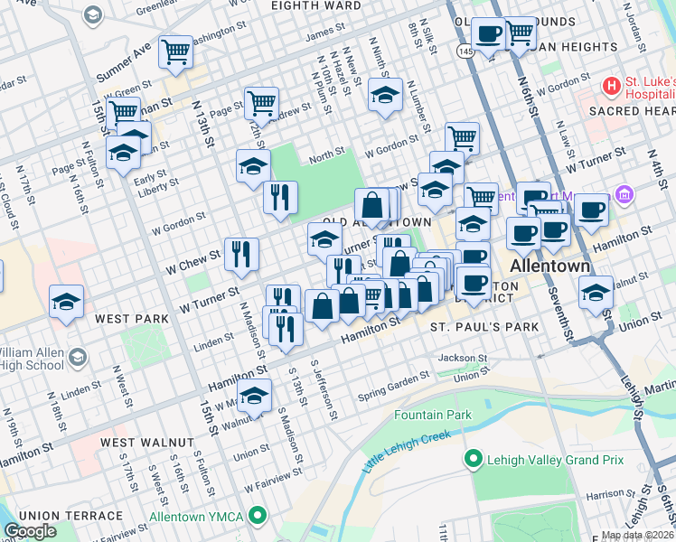map of restaurants, bars, coffee shops, grocery stores, and more near 123 North Poplar Street in Allentown