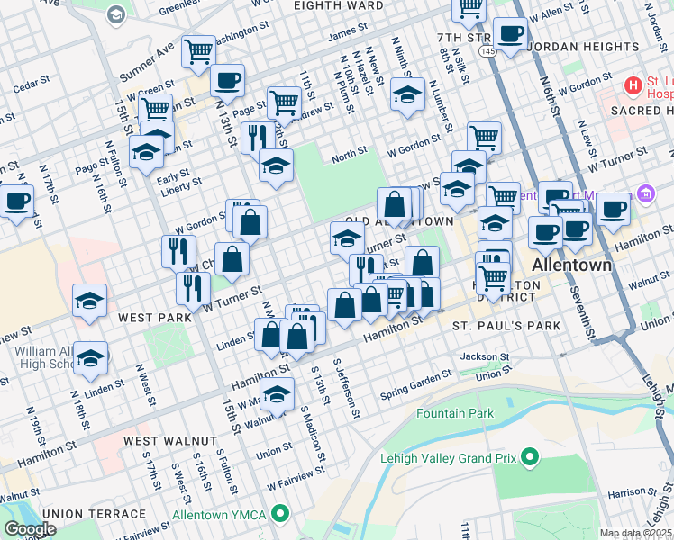map of restaurants, bars, coffee shops, grocery stores, and more near 148 North 12th Street in Allentown