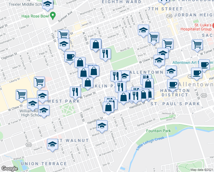 map of restaurants, bars, coffee shops, grocery stores, and more near 1235 West Turner Street in Allentown
