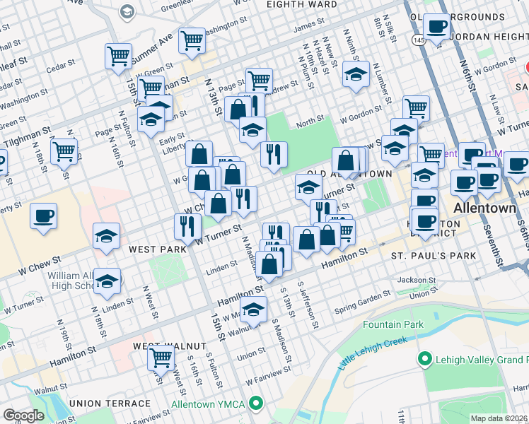 map of restaurants, bars, coffee shops, grocery stores, and more near 1235 West Turner Street in Allentown