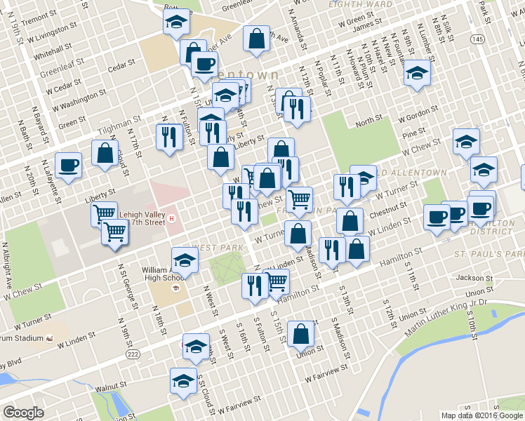 map of restaurants, bars, coffee shops, grocery stores, and more near 1432 West Chew Street in Allentown