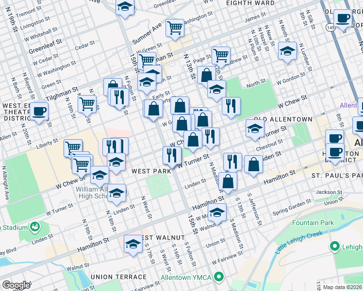 map of restaurants, bars, coffee shops, grocery stores, and more near 1432 West Chew Street in Allentown