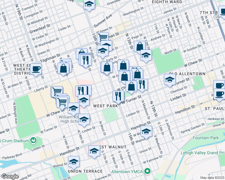 map of restaurants, bars, coffee shops, grocery stores, and more near in Allentown