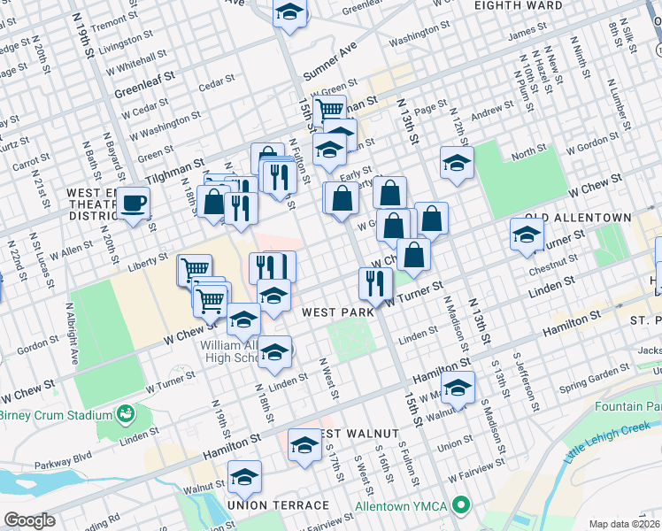 map of restaurants, bars, coffee shops, grocery stores, and more near 317 North 16th Street in Allentown
