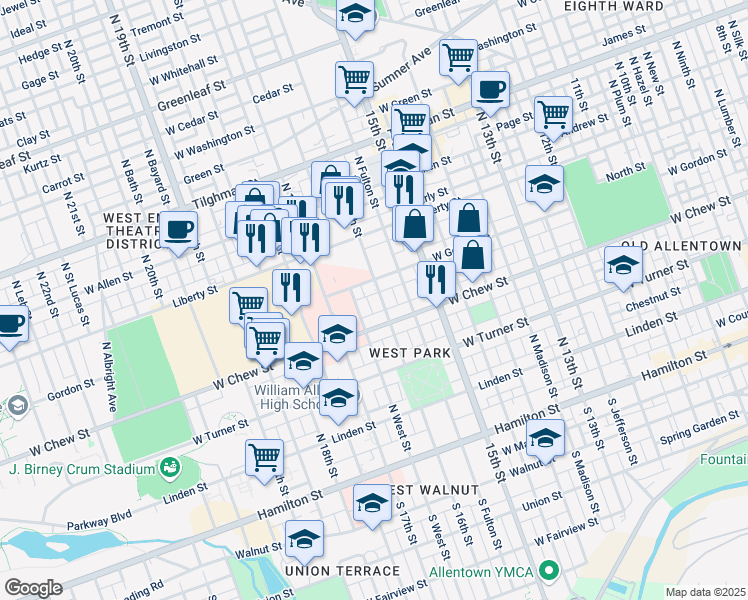 map of restaurants, bars, coffee shops, grocery stores, and more near 337 North West Street in Allentown