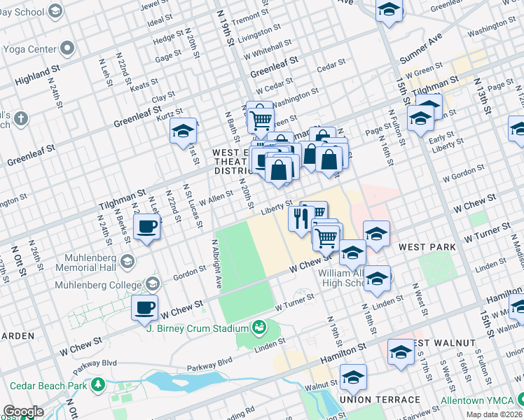 map of restaurants, bars, coffee shops, grocery stores, and more near 1928 Liberty Street in Allentown