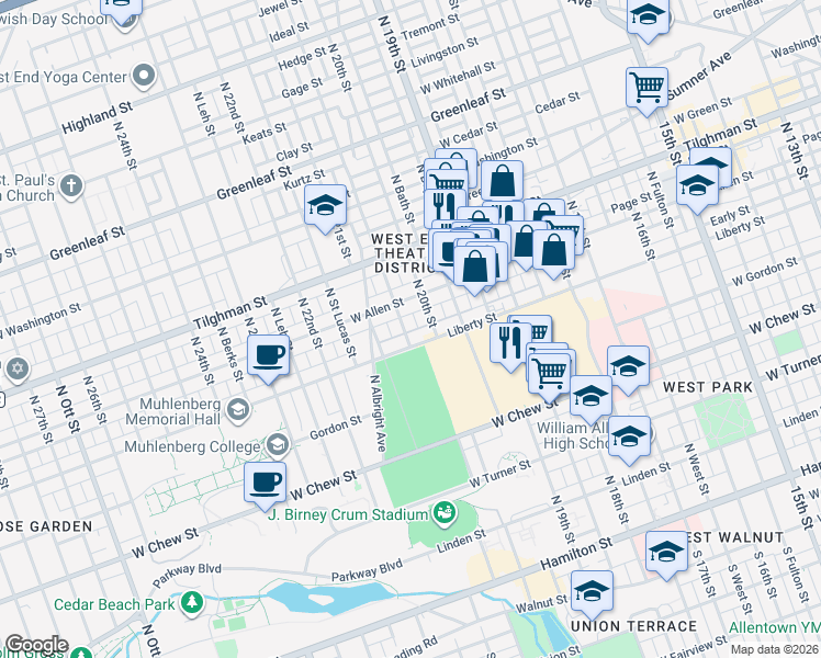 map of restaurants, bars, coffee shops, grocery stores, and more near 2011 Liberty Street in Allentown