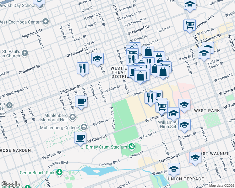 map of restaurants, bars, coffee shops, grocery stores, and more near 521 North 21st Street in Allentown